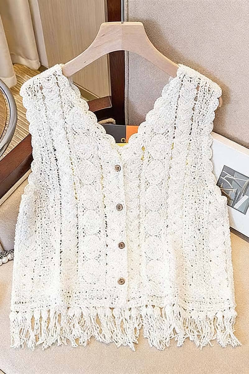 White Crochet Fringe Sweater Vest