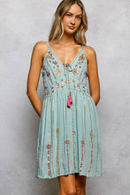 Light Seafoam Boho Smocking Mirror Embroidery V-Neck Sleeveless POL Dress