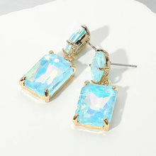 Blue Square Rectangle Glass Stone Link Dangle Evening Earrings