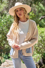 Beige Buttons Striped Denim Pockets Cardigan