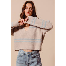 FUZZY HAIRY STRIPE DEEP U NECK SWEATER TOP: MUSTARD/DT BLUE / XL
