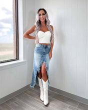 Blue High-Waisted Asymmetrical Frayed Denim Skirt