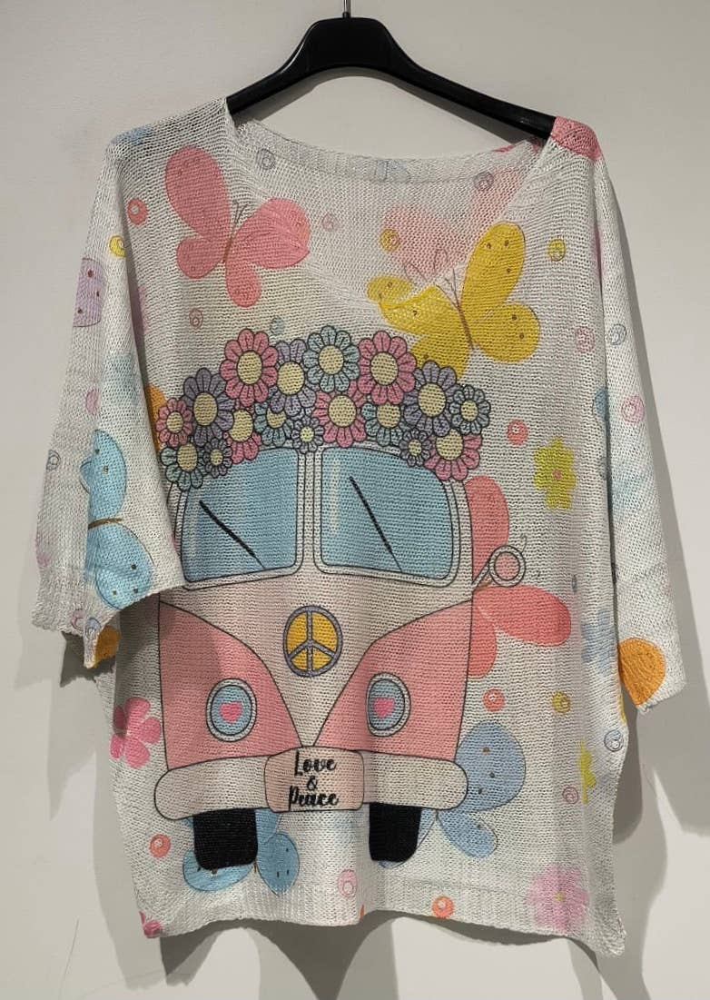 Pink Van Knit Printed Sweater 3/4 sleeves