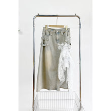 Vintage Blue Denim Skirt with Lace Ruffle Applique