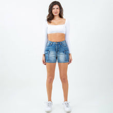 Blue High Waist Cargo Pocket Denim Shorts