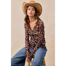 Leopard Button Up V Neck Mesh Top
