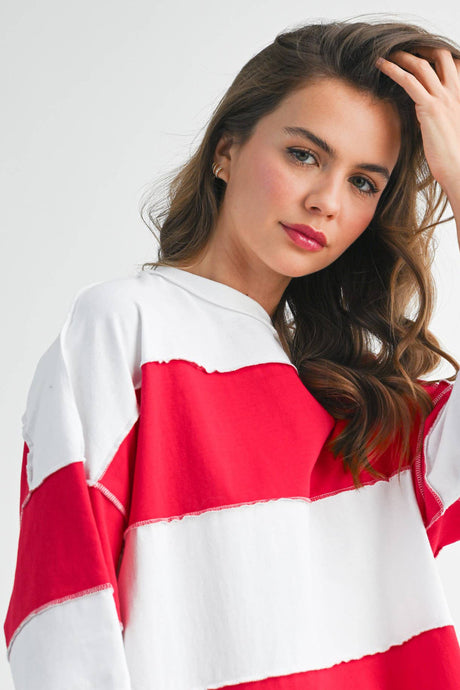White Cherry Oversized Color Block Long Sleeve Pullover