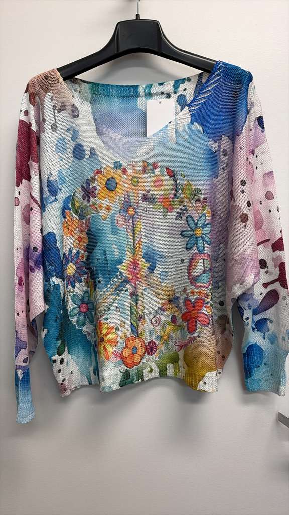 Italian OS Floral Peace Sign Print Knit Sweater