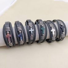 Stone Cross Charm 3 Layer Leather Men's Bracelet