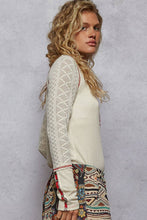 Cream Round neck solid cut and sew knit mix knit POL top