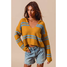 FUZZY HAIRY STRIPE DEEP U NECK SWEATER TOP: MUSTARD/DT BLUE / XL