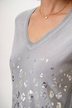 Grey Metallic Leopard V-Neck Knit Top