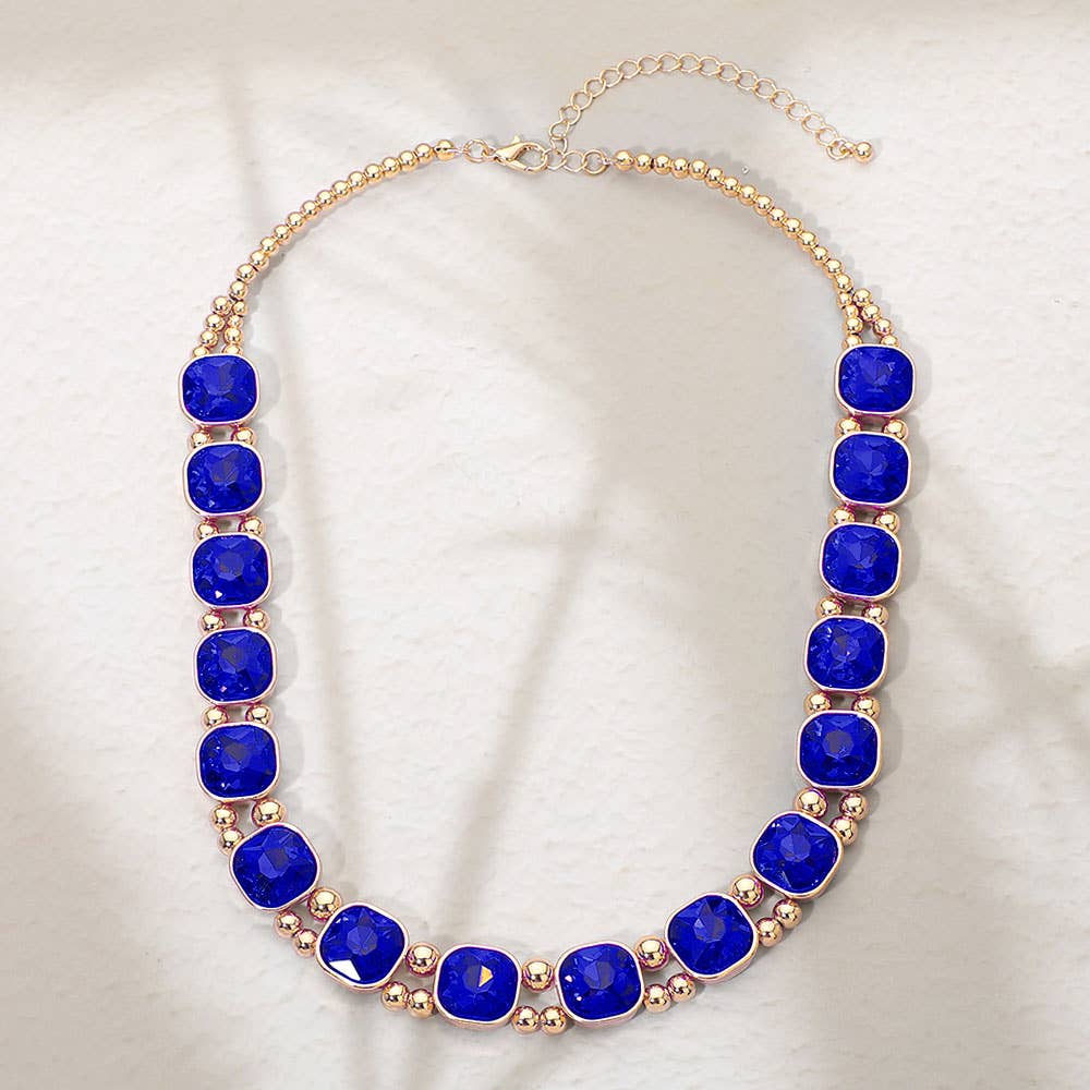 Gold Saphire Square Faceted Stone Bezel Link Evening Necklace