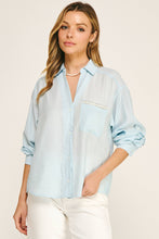 Light Blue Pearl Pocket Relaxed Button Down Blouse