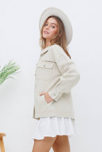 Beige Washed Trim Detail Snap Up Twill Distressed Jacket
