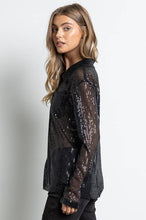Black Sequined Button Down Long Sleeve Mesh Blouse Shirt