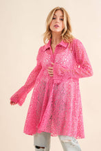 Hot Pink Lace Tunic Flow Hem Bell SLV Button Up Shirt