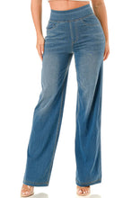 Medium Denim Ultra soft light weight flare baggy jeans with pull on waist