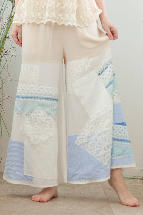 Beige Sky Blue Boho Crochet Lace Pattern Mello Pants