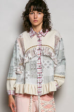 Cream Red Multi Floral Embroidery Trim Ruffle Button-Down Classic POL Shirt