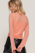 Peach Long Sleeve Crew Neck Side Ruched Detail Mesh Top