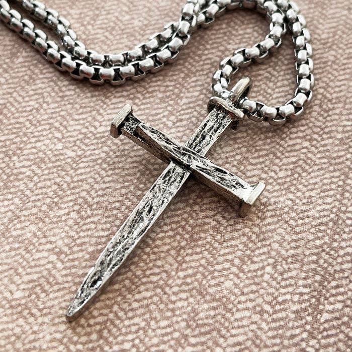 Large Rugged Antique Silver Nail Cross Pendant Necklace