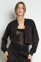 Black Rhinestone Zip Up Cropped Bomber Jacket
