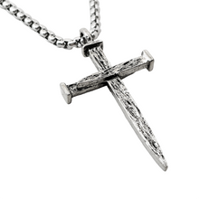 Large Rugged Antique Silver Nail Cross Pendant Necklace
