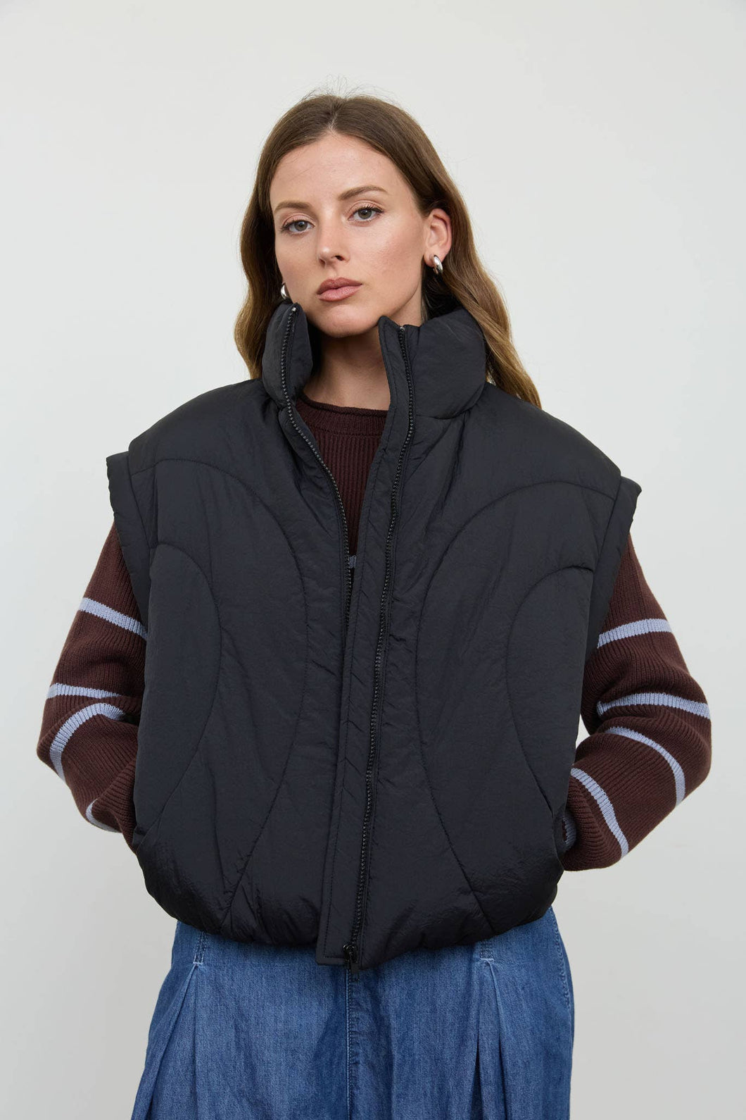 Black Sculpted Panel Quilted Mock Neck Puffer Vest