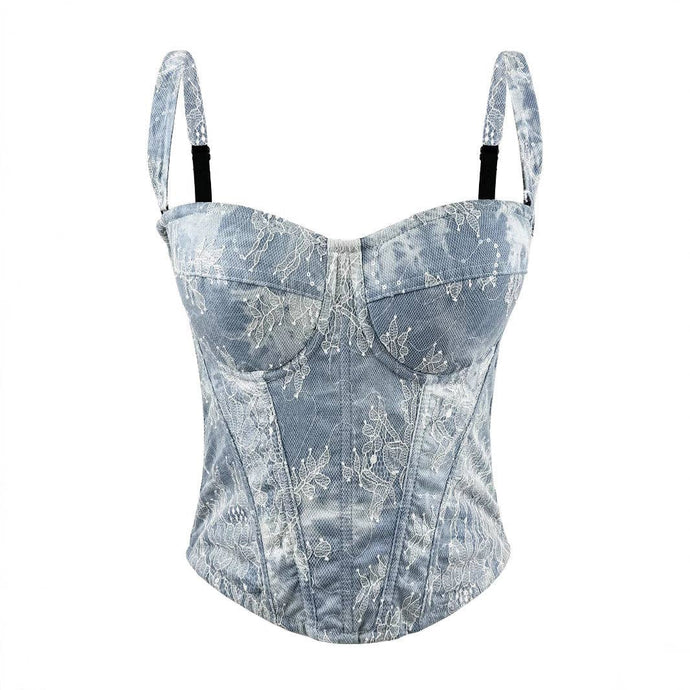 Denim Blue Sexy Vintage Denim Corset Top With Lace Details