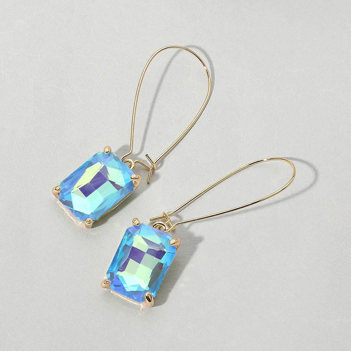 Blue Emerald Cut Stone Dangle Evening Earrings