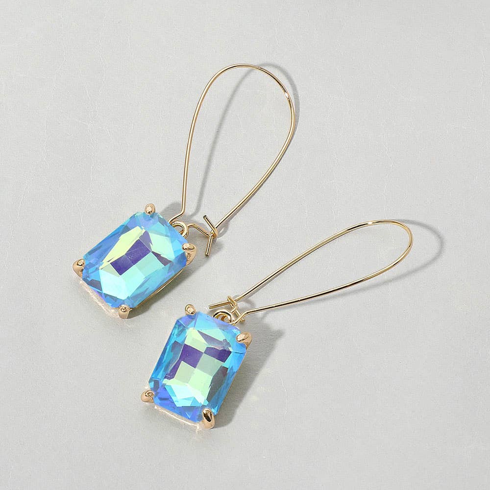 Blue Emerald Cut Stone Dangle Evening Earrings