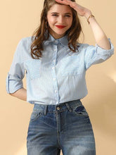 Blue White Striped Button Down Long Sleeve Collared Shirts