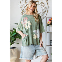 Green Washed Flower Butterfly Patchwork Short Sleeve Oli+Hali Top
