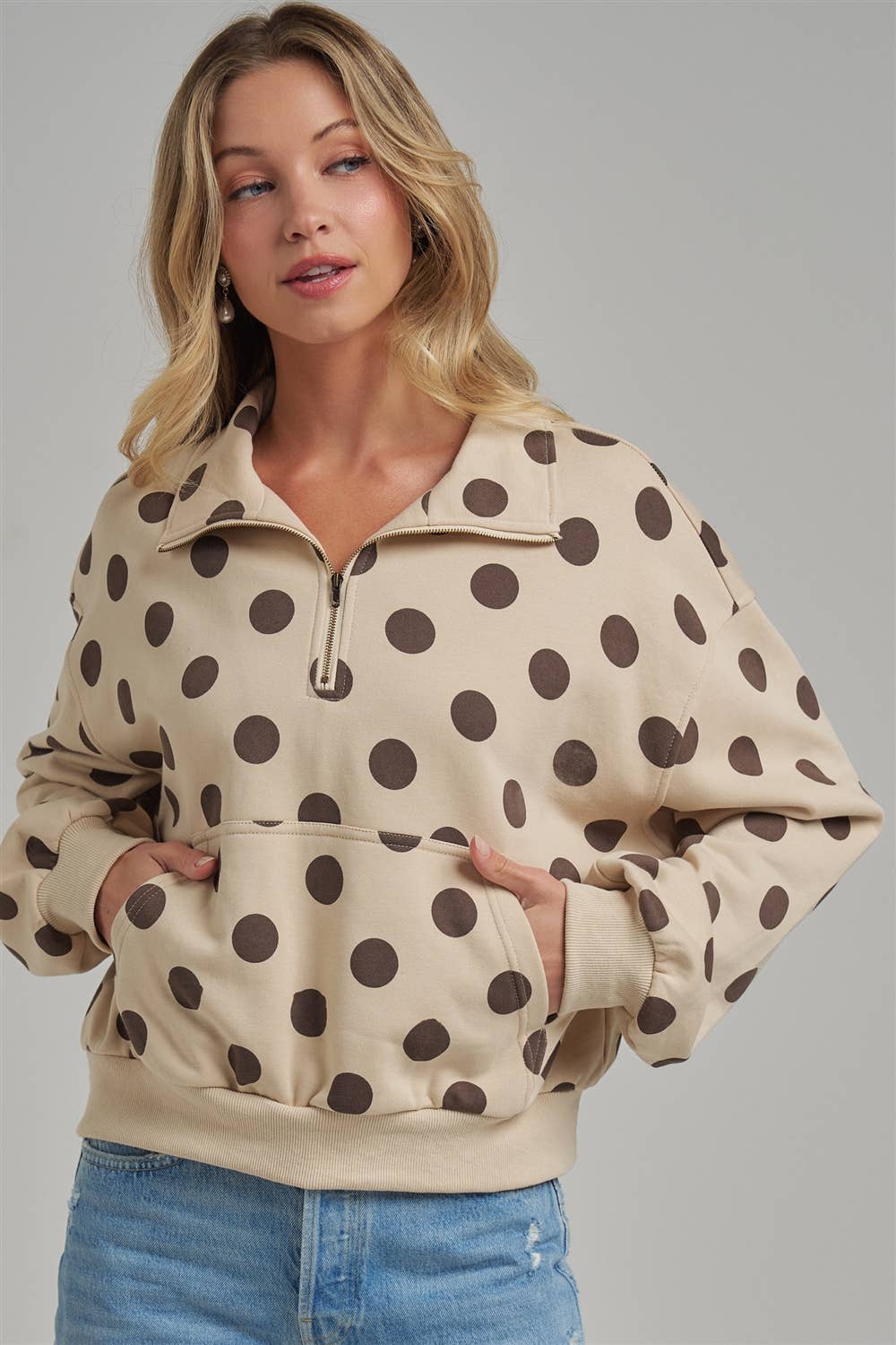 Oatmeal Coffee Polka Dot Half Zip Pullover