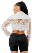 White Pearl Brooch & Lace Sleeve Cropped Denim Jacket
