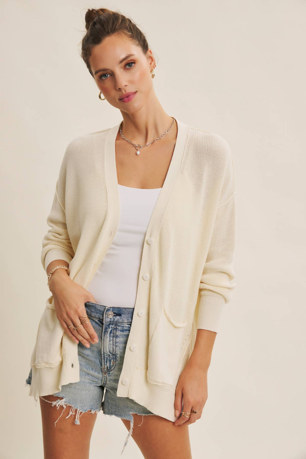 Vanilla Slouchy Charm Button Down Cardigan