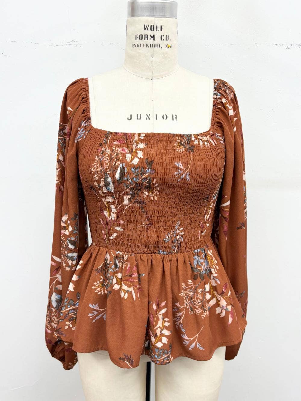 Light Brown Floral Smocked Peplum Top