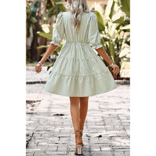 Green Stripe V Neck Button Puff Sleeves High Waist Dress