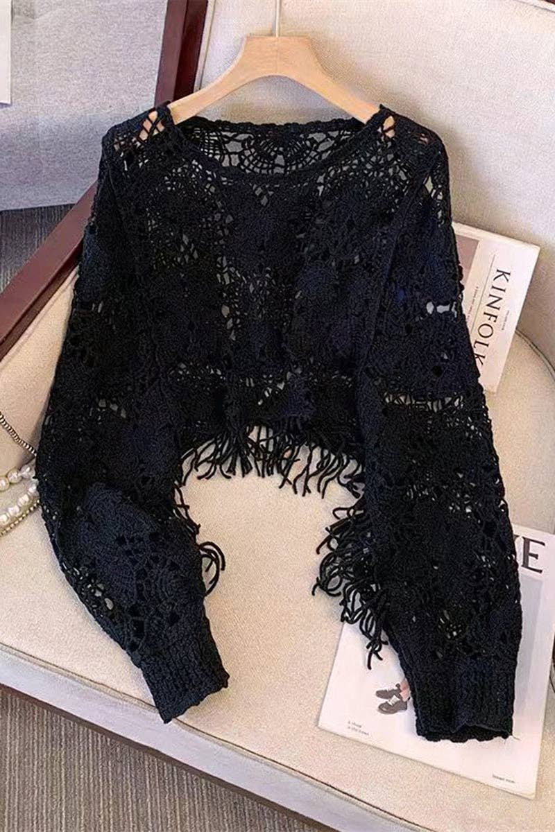 Black Elegant Cropped Open-Knit Top