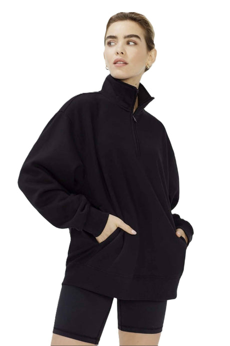 Black Long Sleeve Half Zip Sweatshirt Fleece Oversized Pullover Sweater