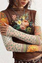 Brown Sheer Mesh Floral Patchwork Mock Neck Top