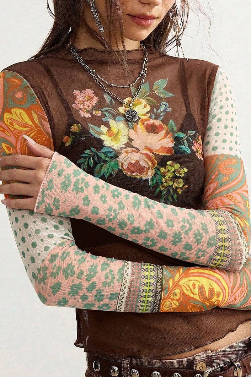 Brown Sheer Mesh Floral Patchwork Mock Neck Top