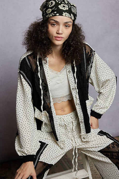 Black Balloon sleeves lace floral knit hoodie POL jacket
