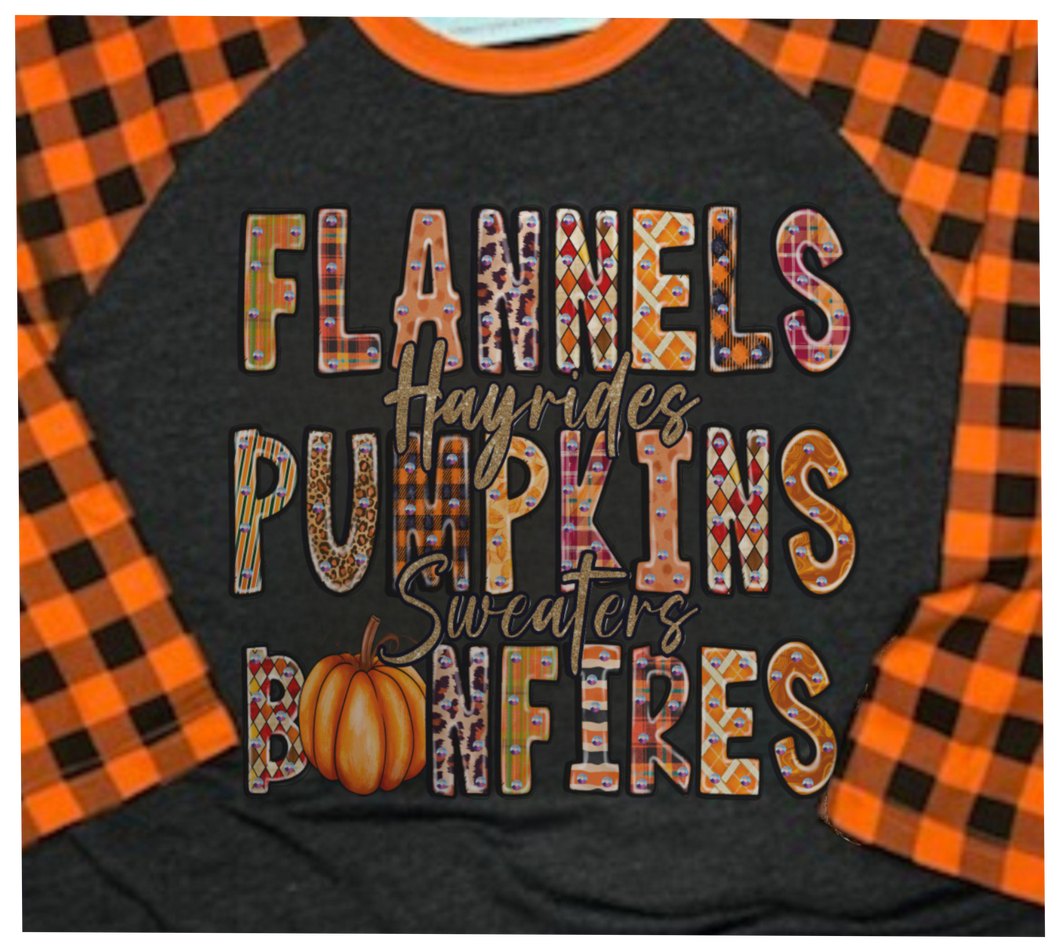 Flannel, Pumpkins, Bonfire... Hayrides Rhinestone Fall Tee