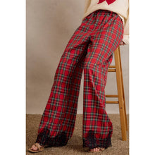 CHRISTMAS PLAID CHECK LACE TRIM WIDE LEG ELASTIC MID RISE PA: RED MULTI / L