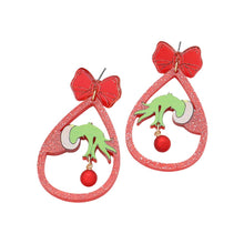 Glittered Resin Christmas Grinch  Hand Teardrop Dangle Earrings