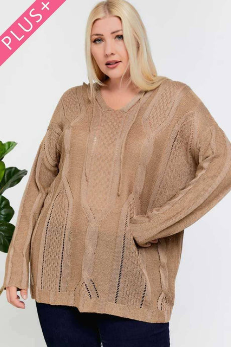 Brown Plus Solid V Neck Long Sleeve Hoodie