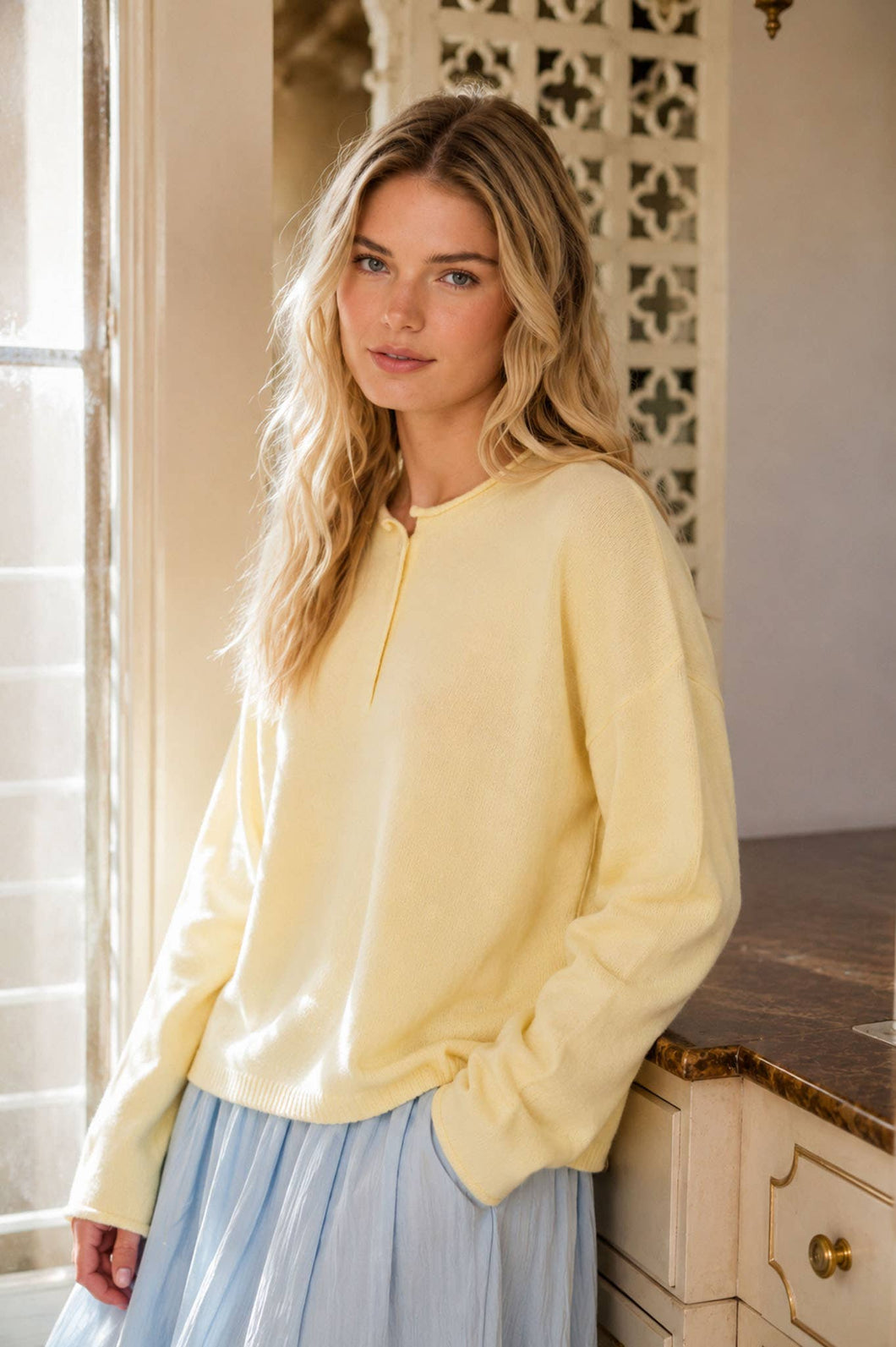 Butter Yellow Raw Rolled Edge Henley Relaxed Pullover