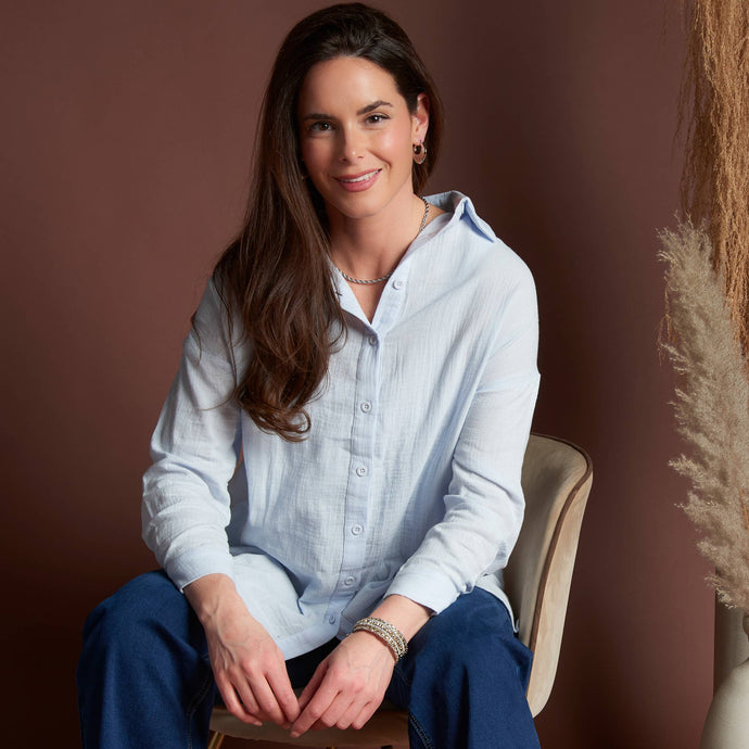 Light Blue Button Up Top Aaliyah Gauze Long Sleeve